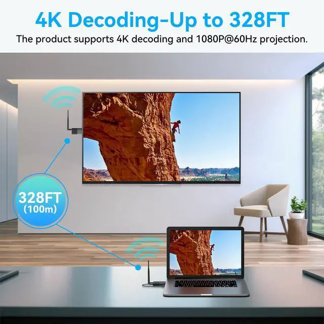 Alt view image 3 of 7 - Wireless HDMI Transmitter and Receiver, 330FT/100M Wireless HDMI Extender for 4K Decode Input 1080P@60Hz Output, Plug&Play Portable 2.4G+5.8G for Video and Audio to Monitor from PC/Projector/TV Box