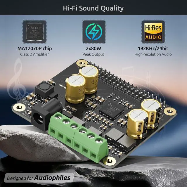 Alt view image 2 of 7 - Audio Amplifier 2x80W Peak Output Class D HiFi AMP Pro Hat, Featuring 192KHz/24bit MA12070P, Support Volumio, MoOde, Raspbian, LibreELEC for Raspberry Pi 5 4 3B+ Pi Zero