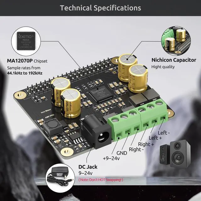 Alt view image 6 of 7 - Audio Amplifier 2x80W Peak Output Class D HiFi AMP Pro Hat, Featuring 192KHz/24bit MA12070P, Support Volumio, MoOde, Raspbian, LibreELEC for Raspberry Pi 5 4 3B+ Pi Zero
