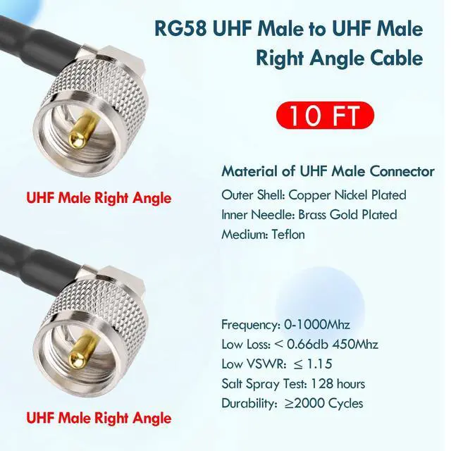 Alt view image 2 of 7 - CB Coax Cable - 10FT RG58 PL-259 UHF Male to Male Right Angle Coaxial Cable Low Loss Cb Antenna Jumper for CB Radio, HAM Radio, Antenna Analyzer, SWR Meter