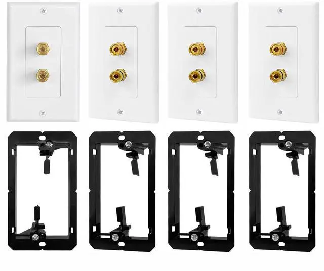 Main image of 4 Pack 1.0 Speaker Wall Plates with Low Voltage Mounting Bracket | 2-Port Gold Plated Binding Posts Banana Plug Plate for Audio Sound, Speaker Wire, Home Theater Systems, 1-Gang White