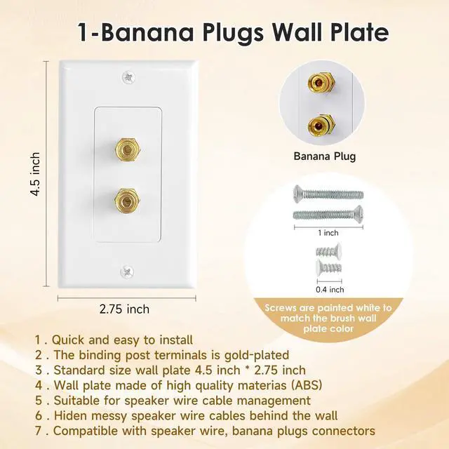 Alt view image 3 of 5 - 4 Pack 1.0 Speaker Wall Plates with Low Voltage Mounting Bracket | 2-Port Gold Plated Binding Posts Banana Plug Plate for Audio Sound, Speaker Wire, Home Theater Systems, 1-Gang White