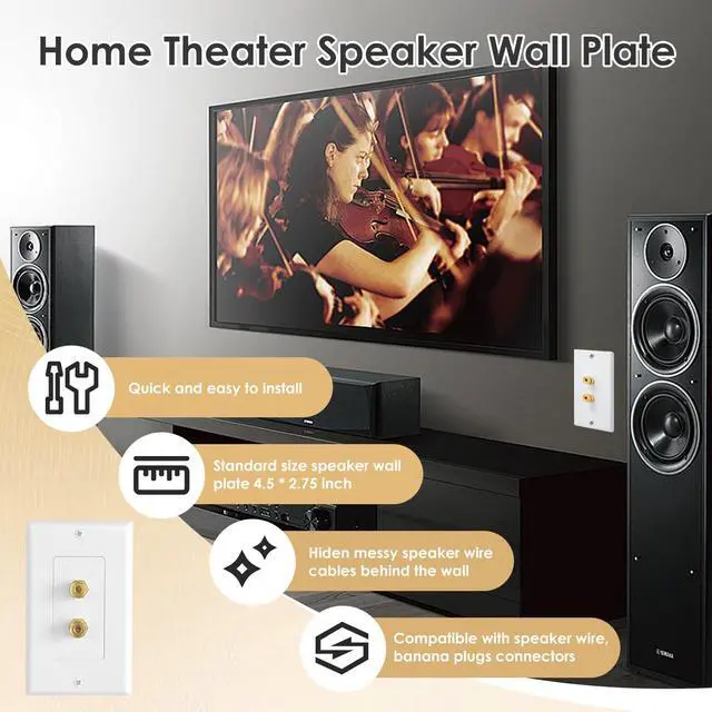 Alt view image 2 of 5 - 4 Pack 1.0 Speaker Wall Plates with Low Voltage Mounting Bracket | 2-Port Gold Plated Binding Posts Banana Plug Plate for Audio Sound, Speaker Wire, Home Theater Systems, 1-Gang White