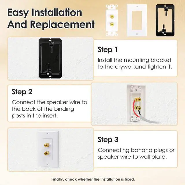Alt view image 4 of 5 - 4 Pack 1.0 Speaker Wall Plates with Low Voltage Mounting Bracket | 2-Port Gold Plated Binding Posts Banana Plug Plate for Audio Sound, Speaker Wire, Home Theater Systems, 1-Gang White