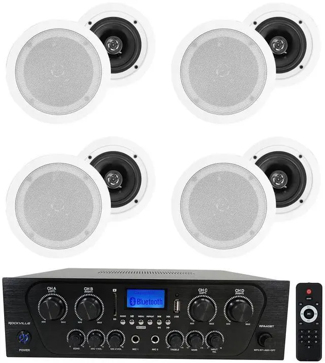 Main image of RPA40BT 4 Zone Home Receiver with 8 HC55 White Ceiling Speakers | 1000W Peak/250W RMS Amplifier, Bluetooth, Optical, USB/SD, 2 Mic Inputs, Zone Volume Controls, 5.25" 8 Ohm, 5-Items