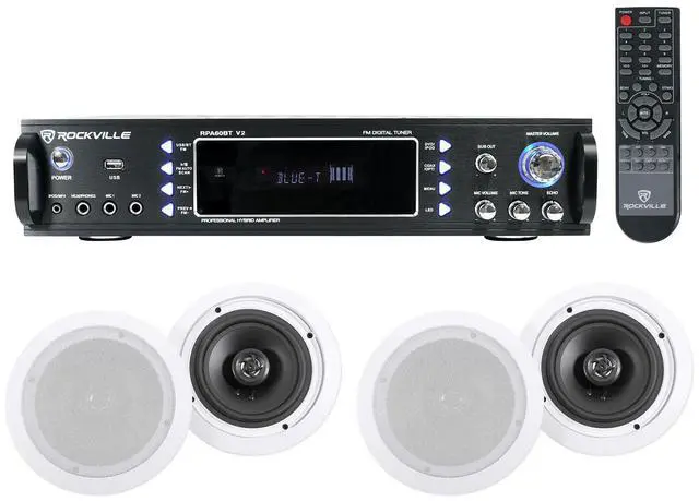 Main image of RPA60BT V2 Home Theater Bluetooth Receiver with 4 HC655 Speakers | 1000W Peak / 250W RMS, USB/Optical/Coaxial, 2-Channel, 6.5" In-Ceiling 8 Ohm Speakers, Mic Echo, FM Radio, Karaoke, 5-Items