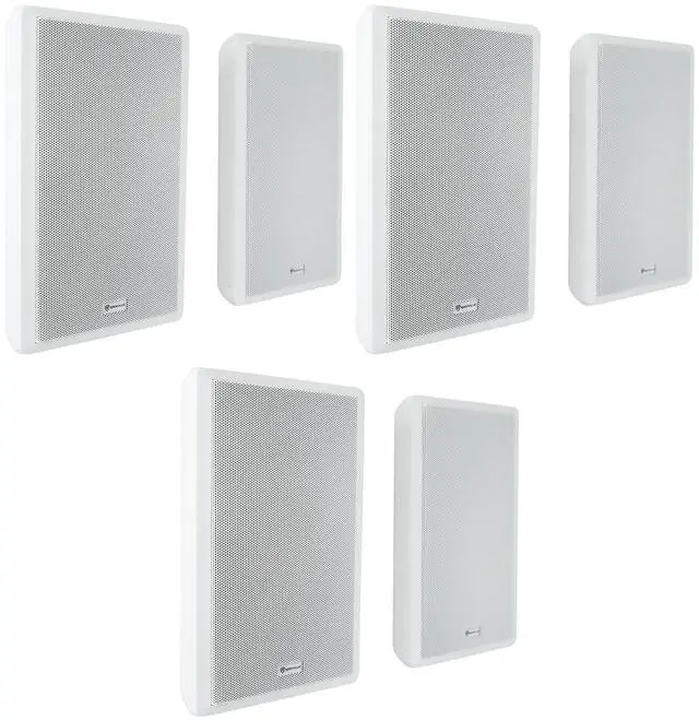 Main image of RockSlim 70W White 5.25" 70V Restaurant Speakers, 6-Pack | 4W/8W Tap Settings, Easy Wall Mount, Slim Low-Profile, 0.5" Mylar Tweeter, 89 dB, Shielded Grill, Speaker Wire Included