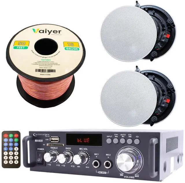 Main image of Home Stereo System Kit - 2 Channel 600 W Bluetooth Amplifier, 2 Qty of 8" Frameless Ceiling Speakers 300 W Each, 50 ft Speaker Wire & Remote for Living Room, Office, Commercial, Bar