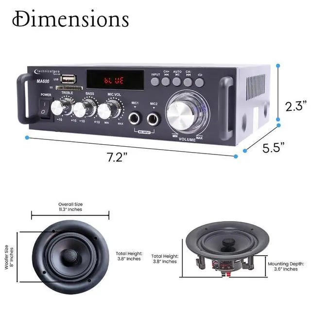 Alt view image 2 of 7 - Home Stereo System Kit - 2 Channel 600 W Bluetooth Amplifier, 2 Qty of 8" Frameless Ceiling Speakers 300 W Each, 50 ft Speaker Wire & Remote for Living Room, Office, Commercial, Bar