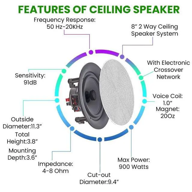 Alt view image 4 of 7 - Home Stereo System Kit - 2 Channel 600 W Bluetooth Amplifier, 2 Qty of 8" Frameless Ceiling Speakers 300 W Each, 50 ft Speaker Wire & Remote for Living Room, Office, Commercial, Bar