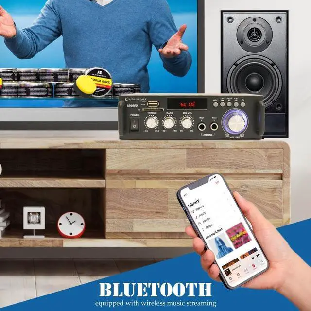 Alt view image 7 of 7 - Home Stereo System Kit - 2 Channel 600 W Bluetooth Amplifier, 2 Qty of 8" Frameless Ceiling Speakers 300 W Each, 50 ft Speaker Wire & Remote for Living Room, Office, Commercial, Bar