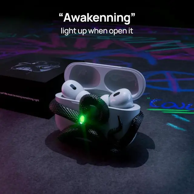 Alt view image 3 of 7 - The Snake Case 3D Cover Compatible with AirPods Pro Case 3rd Generation. Distinctive Aesthetic, Gemstone Light Head, Detail Sculpting, Compatible with AirPods Pro 3, Mystery Black