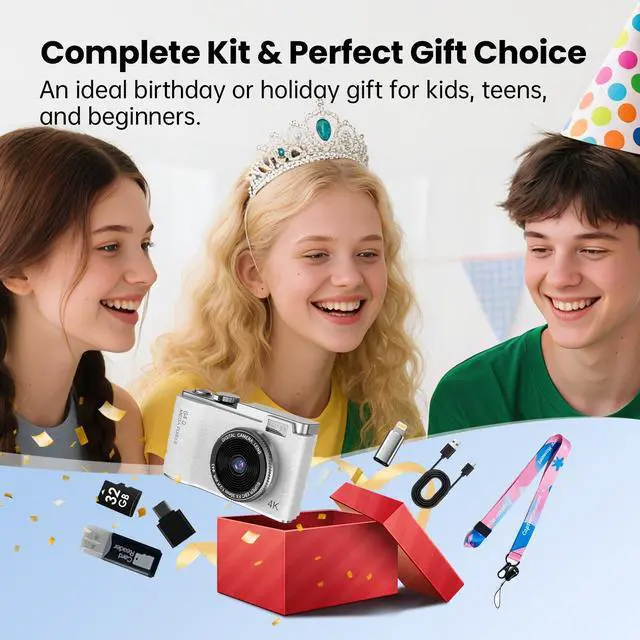 Alt view image 7 of 7 - Point and Shoot Digital Cameras, Kid Digital Camera with Lanyard & 32GB | 16X Zoom camera for teens with Flash, Filters, Games, Video Recording for Teens Travel VlogWhite