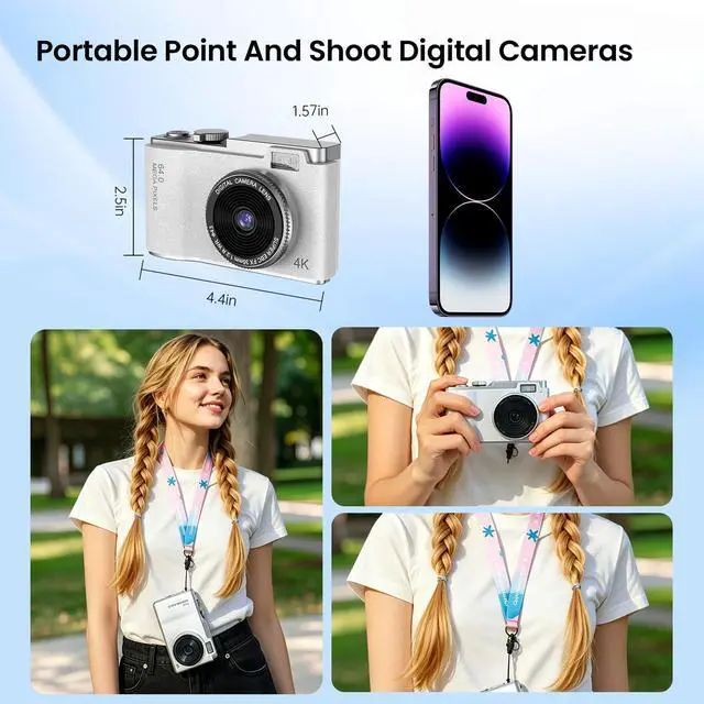 Alt view image 6 of 7 - Point and Shoot Digital Cameras, Kid Digital Camera with Lanyard & 32GB | 16X Zoom camera for teens with Flash, Filters, Games, Video Recording for Teens Travel VlogWhite