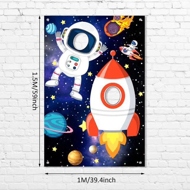 Alt view image 2 of 7 - Photo Booth Prop Outer Space Theme Party Decorations Backdrop Astronaut Face Rocket Ship Birthday Decor Supplies 59 x 39 in Space Banner Vbs Galaxy Planet Starry Photograph Background for Kids