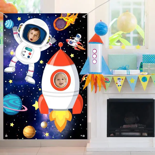 Alt view image 4 of 7 - Photo Booth Prop Outer Space Theme Party Decorations Backdrop Astronaut Face Rocket Ship Birthday Decor Supplies 59 x 39 in Space Banner Vbs Galaxy Planet Starry Photograph Background for Kids