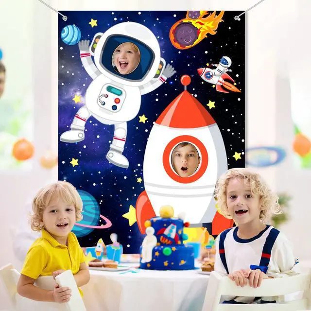 Alt view image 5 of 7 - Photo Booth Prop Outer Space Theme Party Decorations Backdrop Astronaut Face Rocket Ship Birthday Decor Supplies 59 x 39 in Space Banner Vbs Galaxy Planet Starry Photograph Background for Kids