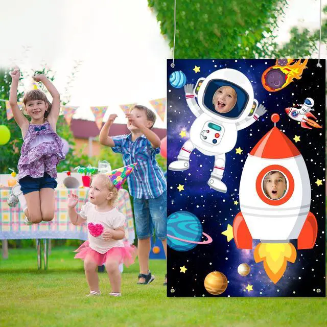 Alt view image 6 of 7 - Photo Booth Prop Outer Space Theme Party Decorations Backdrop Astronaut Face Rocket Ship Birthday Decor Supplies 59 x 39 in Space Banner Vbs Galaxy Planet Starry Photograph Background for Kids