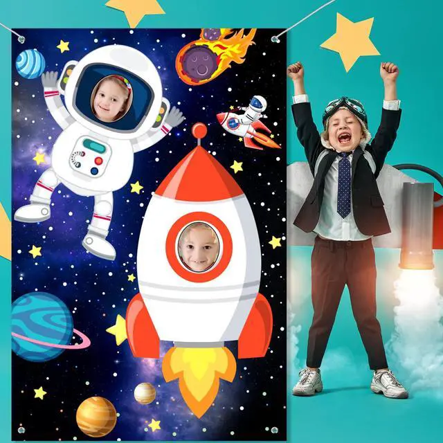 Alt view image 7 of 7 - Photo Booth Prop Outer Space Theme Party Decorations Backdrop Astronaut Face Rocket Ship Birthday Decor Supplies 59 x 39 in Space Banner Vbs Galaxy Planet Starry Photograph Background for Kids