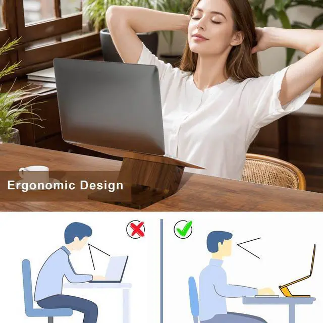 Alt view image 2 of 7 - Wooden Laptop Stand, Ergonomic Computer Stand for Desk, Portable Laptop Riser, Notebook Stand Holder Compatible with MacBook Pro/Air, Dell, HP, Lenovo and All Laptops (10-17 inch), Walnut