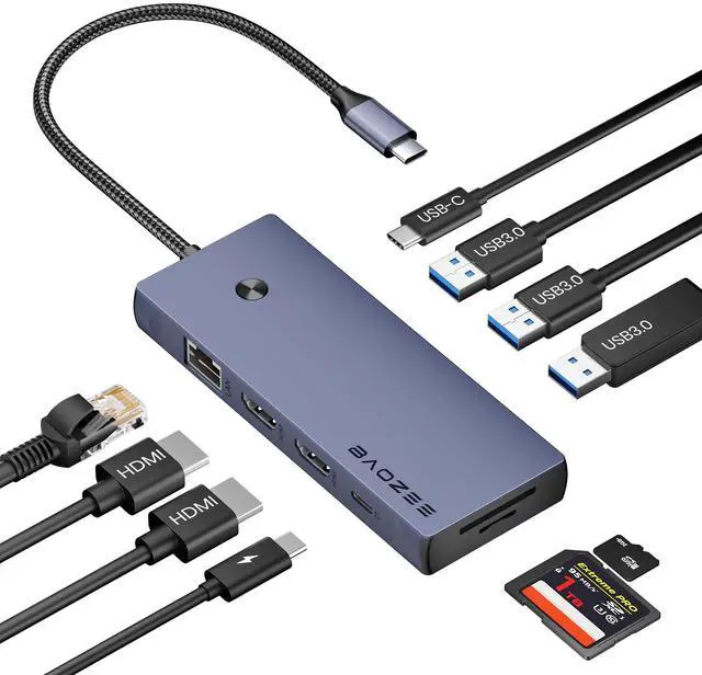 Main image of Laptop Docking Station Dual Monitor, 10-in-1 USB-C Hub with Dual HDMI 4K, Ethernet, PD 100W Charging, USB 3.0 USB-A and USB-C with 5Gbps Data Transfer, SD/TF Card Reader, for MacBook, and More