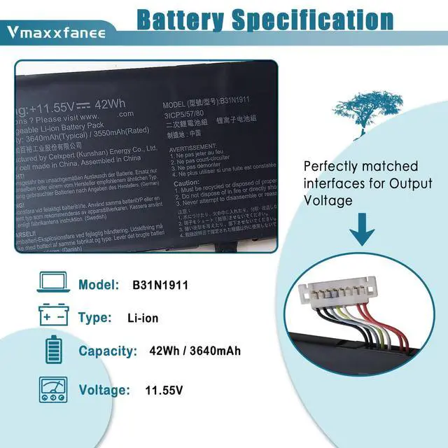 Alt view image 2 of 7 - B31N1911 C31N1911 42Wh Battery Replacement for ASUS VivoBook Flip 14 M413 M413DA TM420IA TM420IA K413 X413 F413 Series Laptop B0B200-03580300 0B200-03580000 0B200-03750000 11.55V 3640mAh