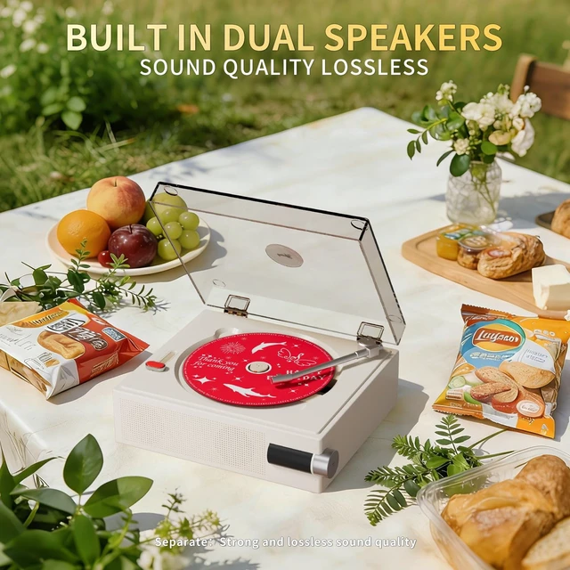 Alt view image 6 of 7 - 2026 New CD Player with Speakers, Cream White, Clear Acrylic Lid, Rechargeable, Festival Gift for Home Decor