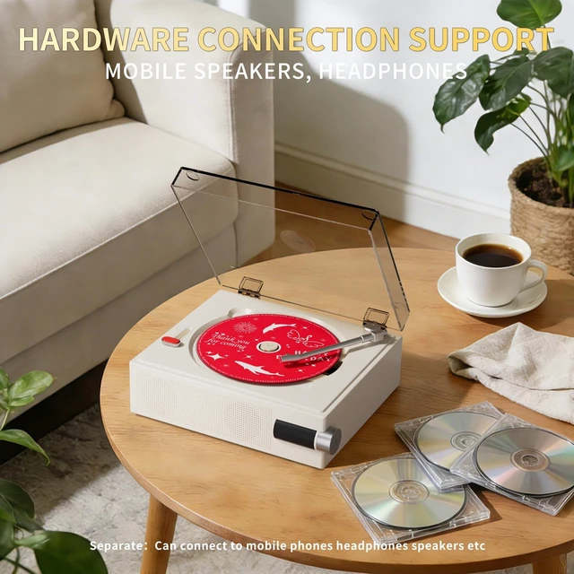Alt view image 4 of 7 - 2026 New CD Player with Speakers, Cream White, Clear Acrylic Lid, Rechargeable, Festival Gift for Home Decor