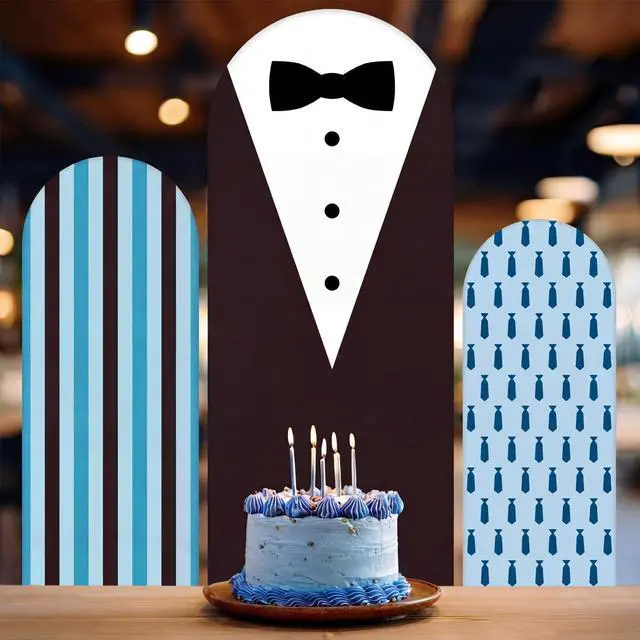 Alt view image 5 of 7 - Set of 3 Necktie Boss Themed Arch Backdrop Cover, 4ft, 5ft, 6ft for Birthday Party Decoration, Spandex Fitted Arch Stand Covers for Shower, Wedding Banquets Party(Blue)