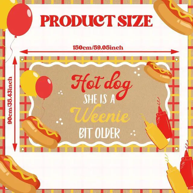 Alt view image 2 of 6 - Hot Dog She's a Weenie Bit Older Backdrop - Retro BBQ Cookout Birthday Decor, Weenie Birthday Party Banner Backdrop for Girls 5 * 3ft