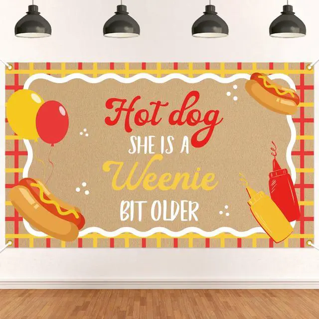 Main image of Hot Dog She's a Weenie Bit Older Backdrop - Retro BBQ Cookout Birthday Decor, Weenie Birthday Party Banner Backdrop for Girls 5 * 3ft