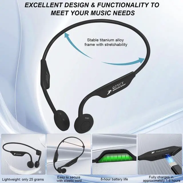 Alt view image 4 of 7 - Bone Conduction Headphones - Wireless 5.4 Open Ear Headphones with Mic, 8H Playtime, Earplugs, Elastic Cord, IPX6 Waterproof Earbuds for Running/Cycling/Climbing, Black