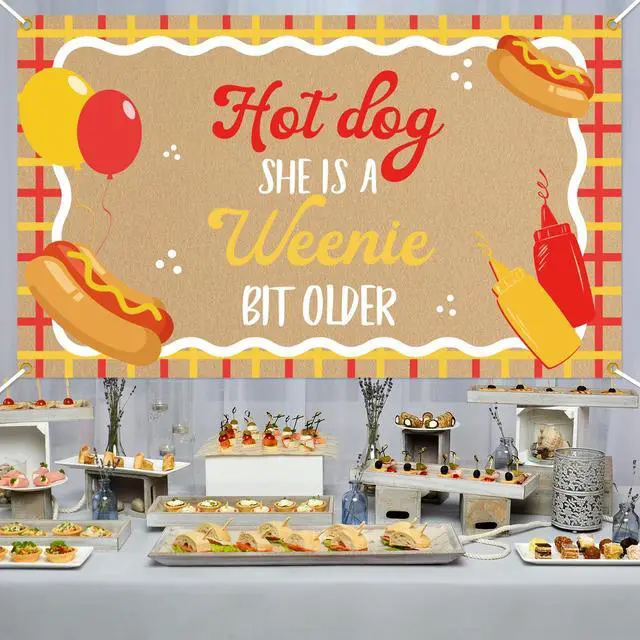 Alt view image 4 of 6 - Hot Dog She's a Weenie Bit Older Backdrop - Retro BBQ Cookout Birthday Decor, Weenie Birthday Party Banner Backdrop for Girls 5 * 3ft