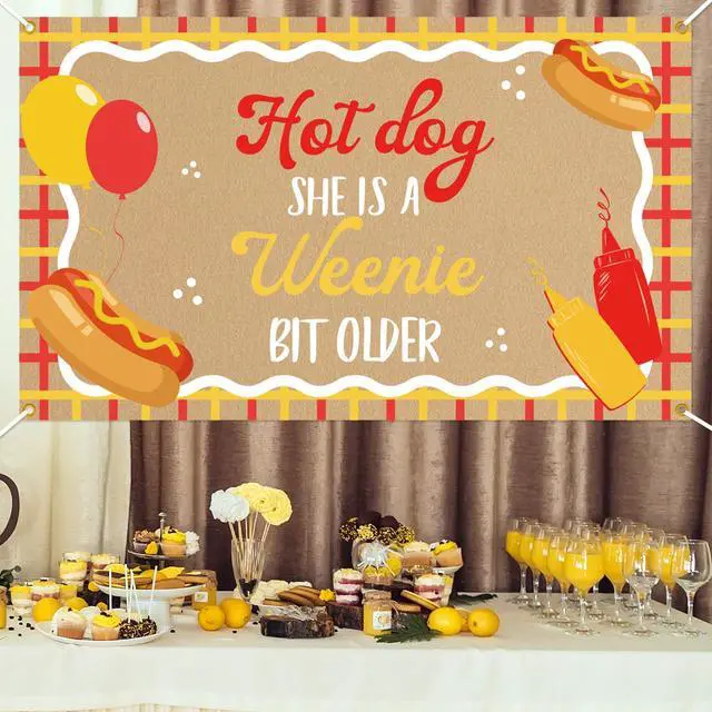 Alt view image 5 of 6 - Hot Dog She's a Weenie Bit Older Backdrop - Retro BBQ Cookout Birthday Decor, Weenie Birthday Party Banner Backdrop for Girls 5 * 3ft