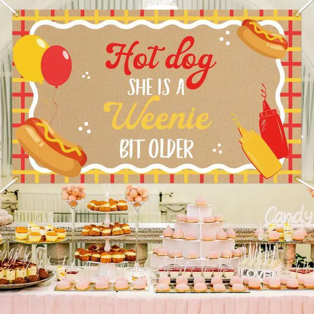 Alt view image 6 of 6 - Hot Dog She's a Weenie Bit Older Backdrop - Retro BBQ Cookout Birthday Decor, Weenie Birthday Party Banner Backdrop for Girls 5 * 3ft