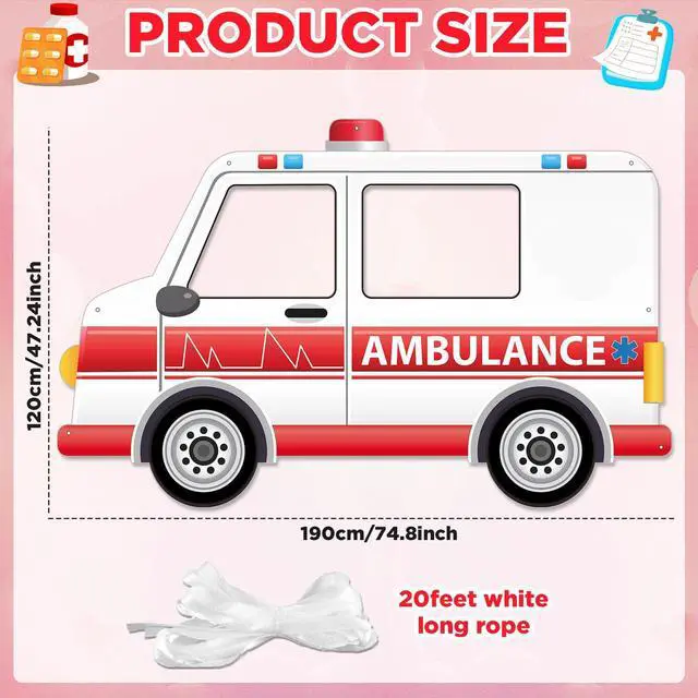 Alt view image 2 of 7 - 75 x 47 Inch Fabric Ambulance Photo Booth Prop Transportation Theme Party Decoration Nurse Week Hanging Background Hospital Nursing School Grad Party Supplies for Hospital Birthday Favor Car Decor