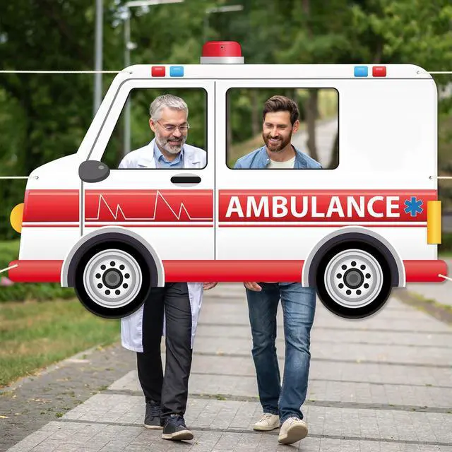 Alt view image 6 of 7 - 75 x 47 Inch Fabric Ambulance Photo Booth Prop Transportation Theme Party Decoration Nurse Week Hanging Background Hospital Nursing School Grad Party Supplies for Hospital Birthday Favor Car Decor