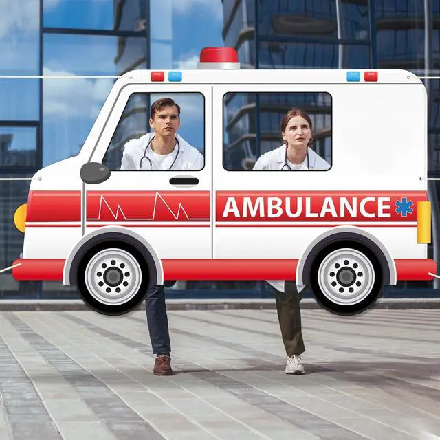 Alt view image 5 of 7 - 75 x 47 Inch Fabric Ambulance Photo Booth Prop Transportation Theme Party Decoration Nurse Week Hanging Background Hospital Nursing School Grad Party Supplies for Hospital Birthday Favor Car Decor