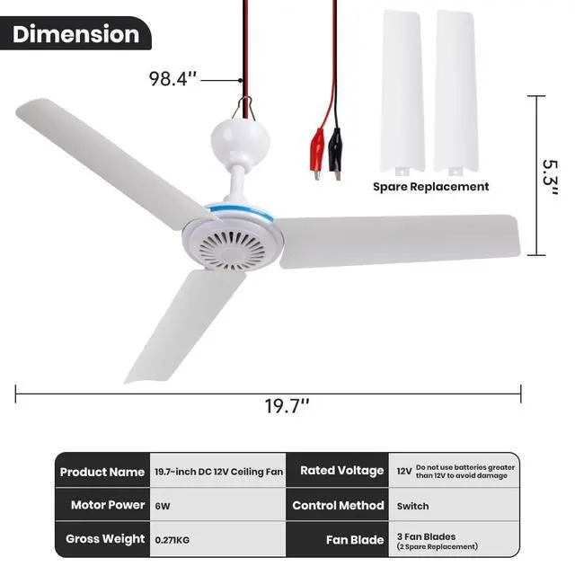 Alt view image 3 of 7 - DC 12V Portable Ceiling Fan 19.7Mini Hanging Ceiling Fan Camping Tent Fans for Outdoor RV Gazebo, Battery Powered Ceiling Fan Silent Design