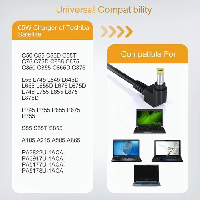 Alt view image 3 of 7 - 65W 19V 3.42 Charger Compatible with Toshiba Satellite Series C55 C50 C55D C655 C655D C675 C850 C855 C855D L745 L505 L55 L655 L755 L775 L855 S55 P50 P50T P755 Notebook Power Supply Cord