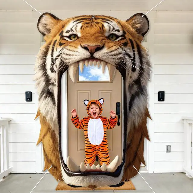 Alt view image 4 of 7 - Tiger Party Decorations Realistic Tiger Door Banner Tigers Theme Door Hanging Background Jungle Animal Photo Booth Prop for Wild Animals Baby Shower Birthday Party Favors Porch Sign Backdrop Supplies