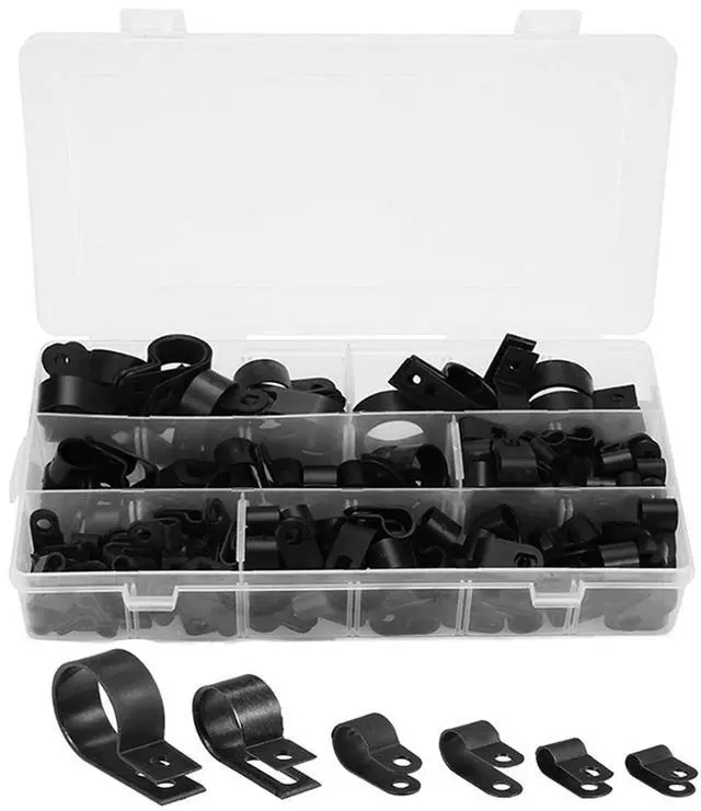 Main image of 200 Pcs Black Nylon Plastic R-Type Cable Clamps for Cable Conduit | 3/16" 1/4" 3/8" 1/2" 3/4" 1" Clips Fasteners Assortment Clamps