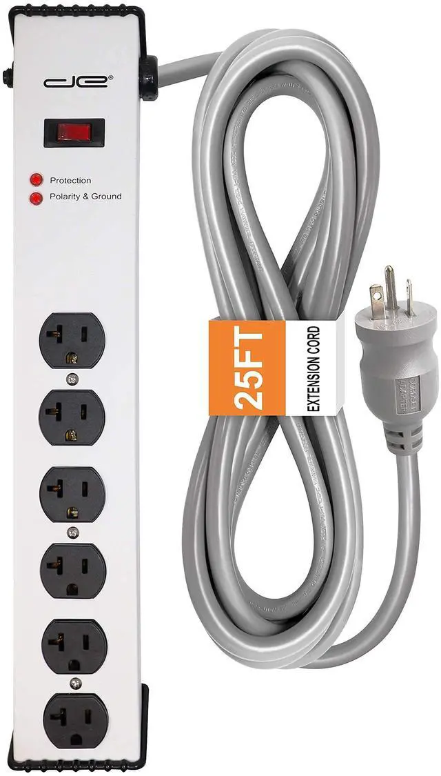 Main image of 20 Amp 6-20/T- Slot Plug | 25-Ft Cord - 900 Joule Surge Protector | 6-Outlet, Heavy Duty Steel Body Power Strip