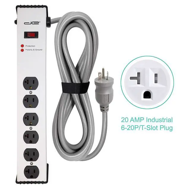 Alt view image 3 of 7 - 20 Amp 6-20/T- Slot Plug | 25-Ft Cord - 900 Joule Surge Protector | 6-Outlet, Heavy Duty Steel Body Power Strip