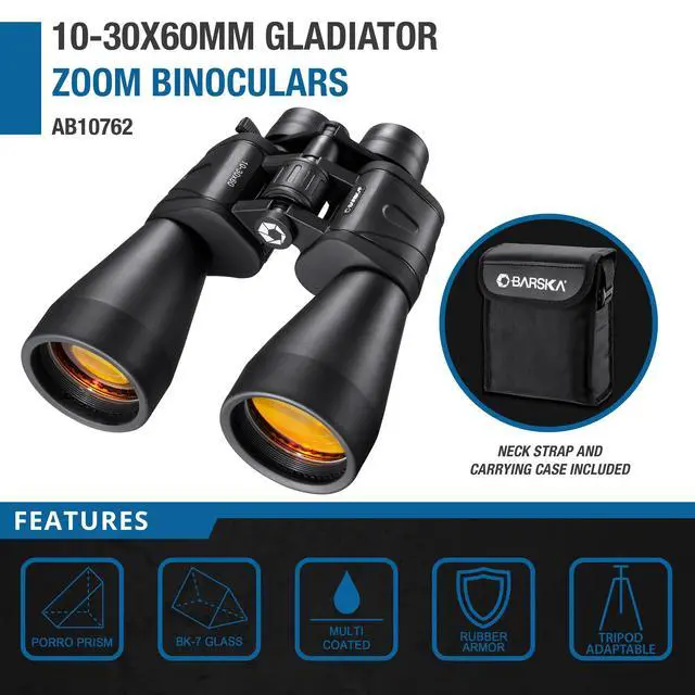 Alt view image 2 of 7 - 10-30x60 Gladiator Zoom Binoculars Long Range Binoculars for Bird Watching, Stargazing & Hunting, Multi-Coated Lenses, Tripod Compatible