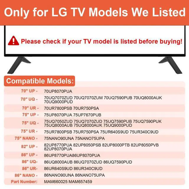 Alt view image 2 of 7 - TV Base Stand for LG TV Legs, Only for 70UP8070 70UQ7070 70UQ7590 75UP8070 75UQ7590 86UQ7590 86UQ8000 70UQ8000 75UQ8000 75NANO90UNA 82UP8770 86UP8770 86UQ7070 86NANO90UNA MAM660025 with Screws, Black