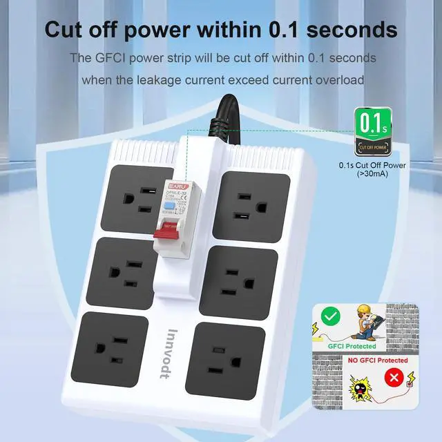 Alt view image 2 of 7 - GFCI Power Strip, 14AWG 10FT Heavy Duty Extension Cord, 30mA RCBO, 6 Outlets