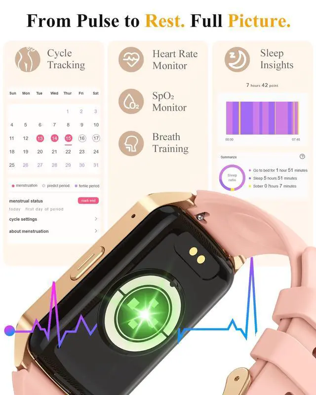 Alt view image 4 of 7 - Fitness Smart Watch for Women Men, Step Counter Pedometer for iOS iPhone Android, IP68 Waterproof Activity Tracker with Calorie and Sleep Monitor, 110+ Sport Modes Smartwatch (Gold-Pink)