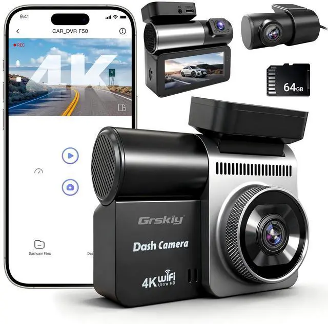 Main image of 4K Dash Cam Front and Rear Inside, 3 Channel Car Dash Camera with Built-in GPS & 64GB SD Card, 5.8GHz WiFi, Night Vision, G-Sensor, Loop Recording, 3.39 Inch Screen, 24H Parking Monitor