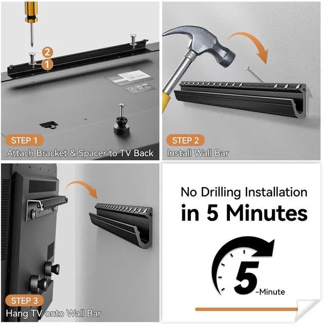 Alt view image 6 of 7 - Studless TV Wall Mount for Drywall, No Stud Hanger for 1255 Inch, No Drill Wall Mount TV Bracket, VESA Max 400x400, Up to 100lbs, Low Profile, Tilts 5°, No Damage, Easy Install for Rental Apartment